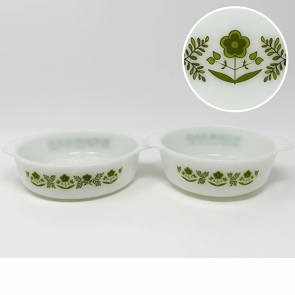 Anchor Hocking Fire King Meadow Green Casserole Set 436 437 1Qt 1.5Qt VTG